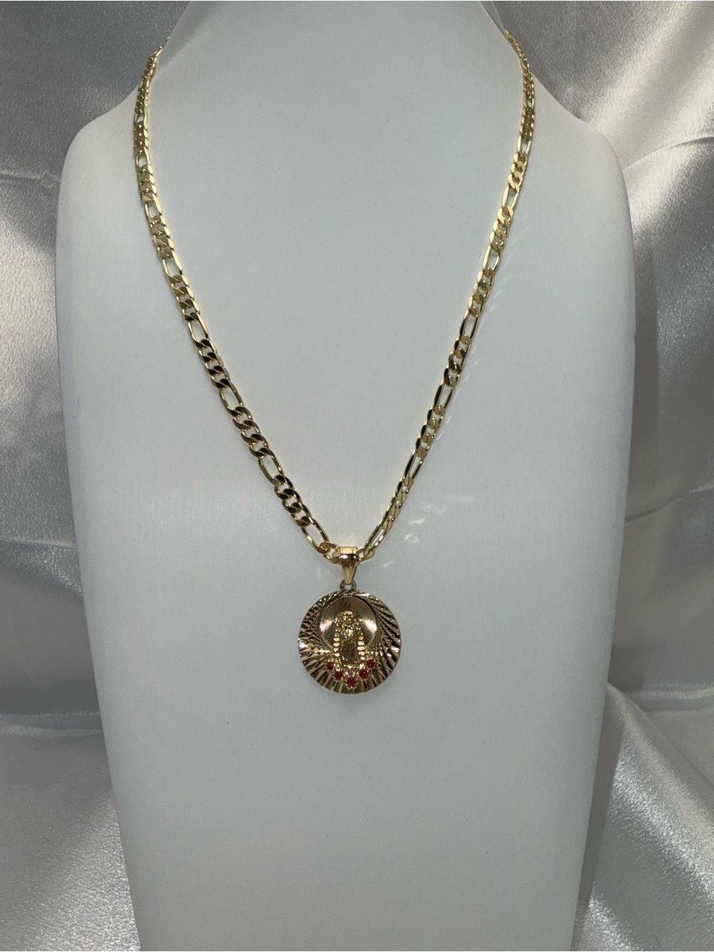 18K Gold Dipped Mother Mary Ruby AAA CZ Figaro Necklace